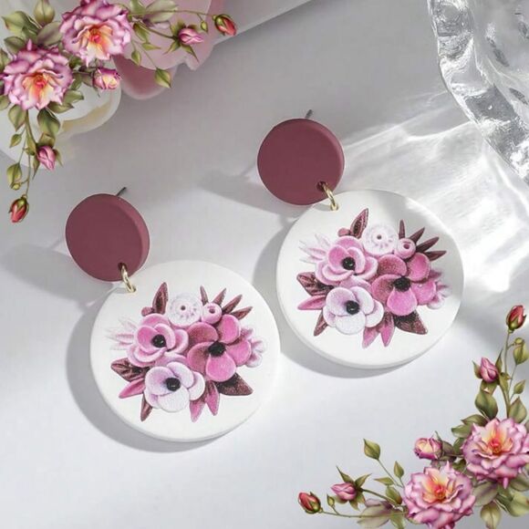 Acrylic Earrings With Bright Flower Print, Elegant & Cute, In Clay Texture - Picture 1 of 13